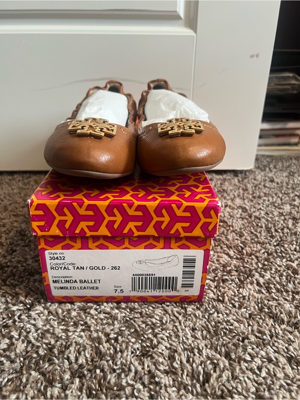 Tory Burch Melinda Ballet Flat in Tan with Gold Logo Accent